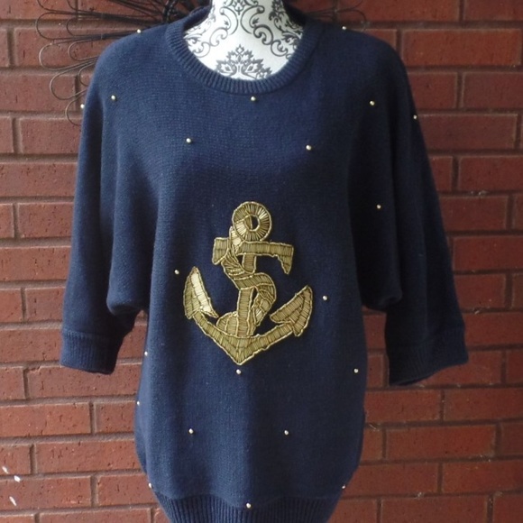 MARINA Sweaters - 90's Vtg Blue Gold Beaded Anchor Sweater Plus 2X
